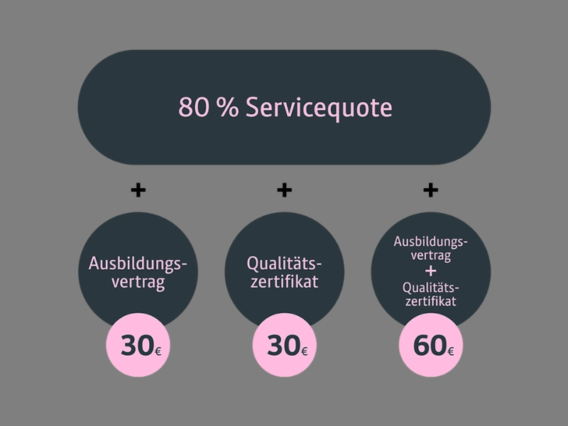 80 % Servicequote + Ausbildungsvertrag (30€)  ODER + Qualitätszertiffikat (30€) ODER + Ausbildungsvertrag & Qualitätszertifikat (60€)